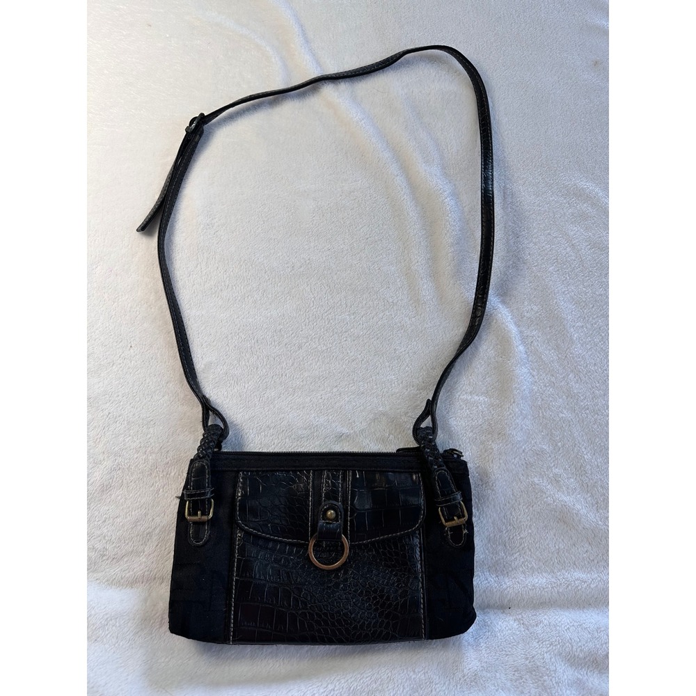 Vintage Y2K Black Croc Embossed Canvas Monogram Multi Zip Crossbody Bag